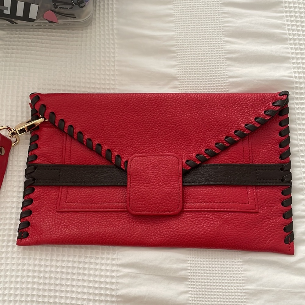 B-low the belt brand red and expresso brown clutch